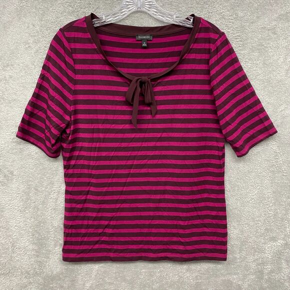 Talbots Tops - Talbots Shirt Womens Medium Pink Stripe Bow Tie Short Sleeve Pullover Stretch